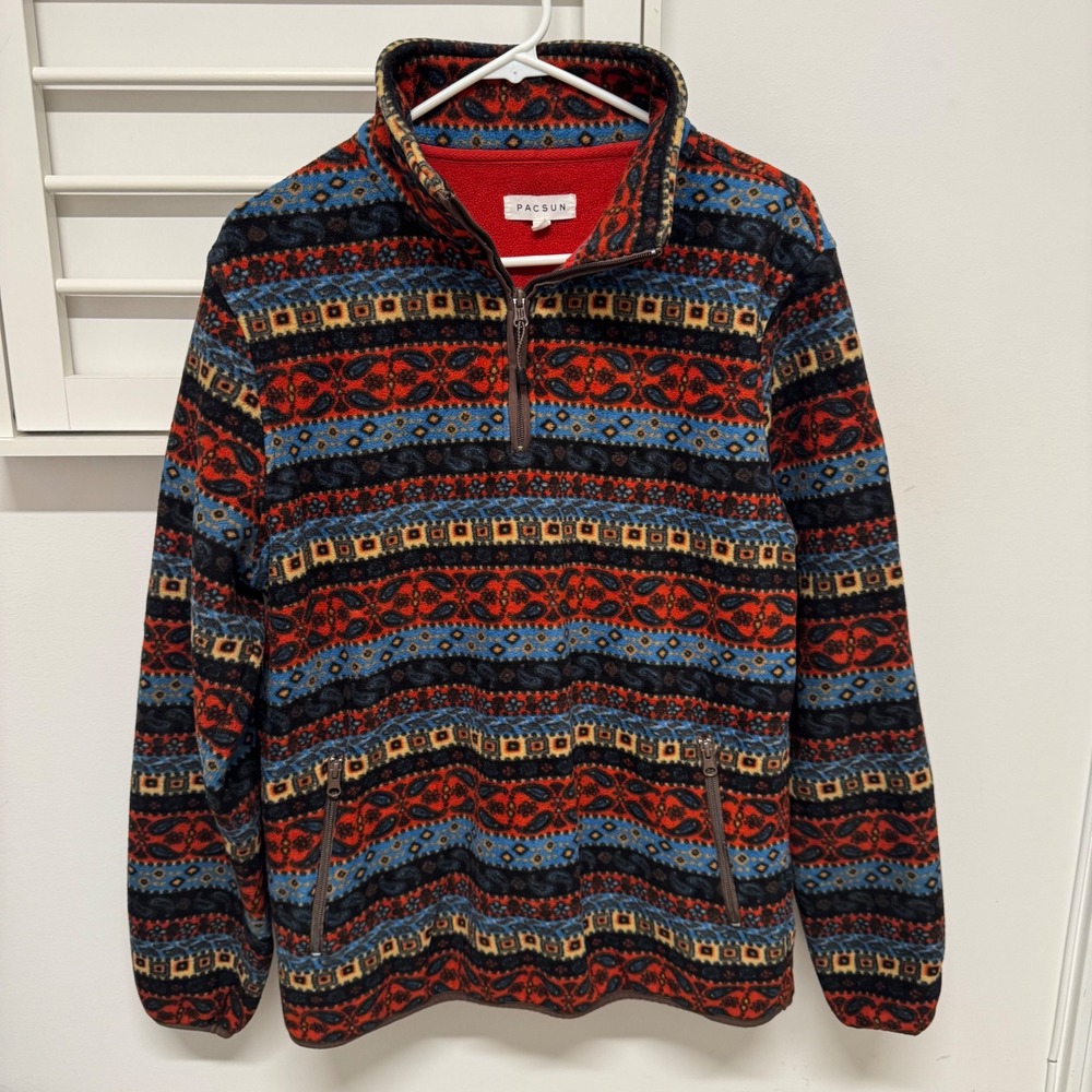 PacSun Mens Quarter Zip Fleece Pullover Paisley Geometric Tapestry Print Small